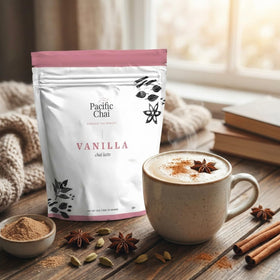 Pacific Chai mix dissolving smoothly in hot milk for a café-style latte.
