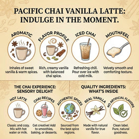 Gluten free and kosher certified Pacific Chai vanilla latte mix on display.