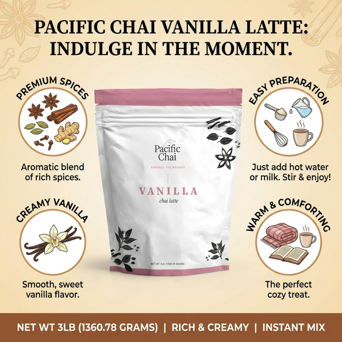 Iced vanilla chai latte prepared with Pacific Chai mix and ice.