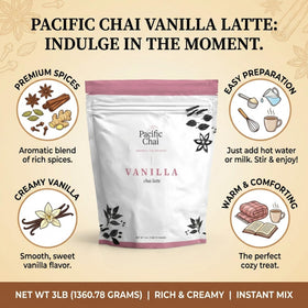 Iced vanilla chai latte prepared with Pacific Chai mix and ice.