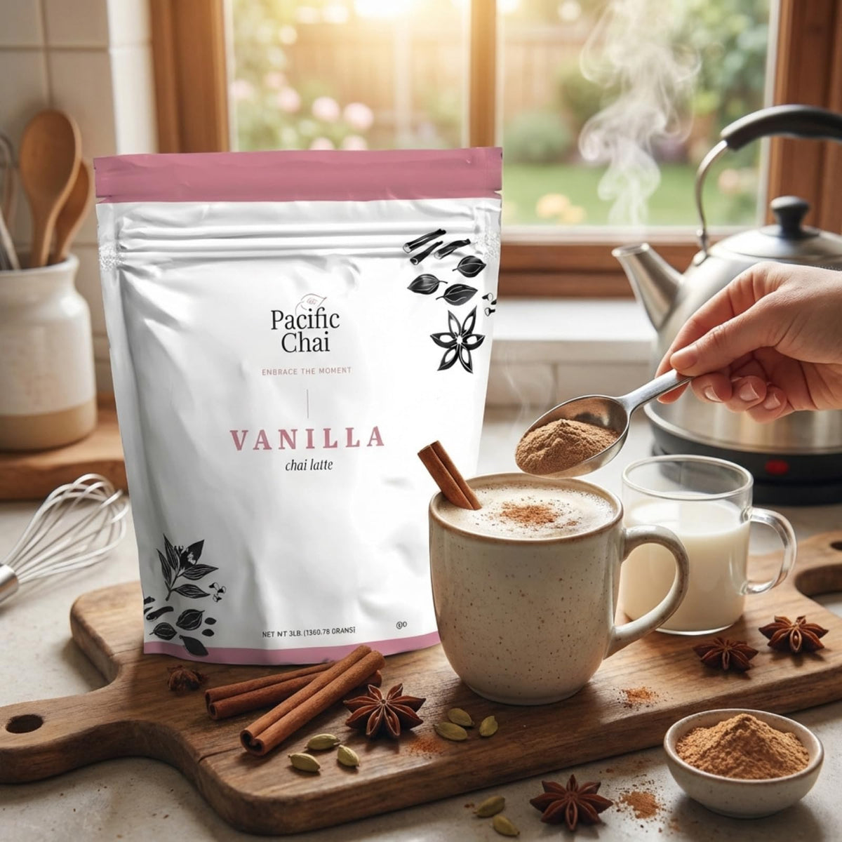 Mug ready for steaming Pacific Chai latte mix, showcasing creamy texture and aroma.