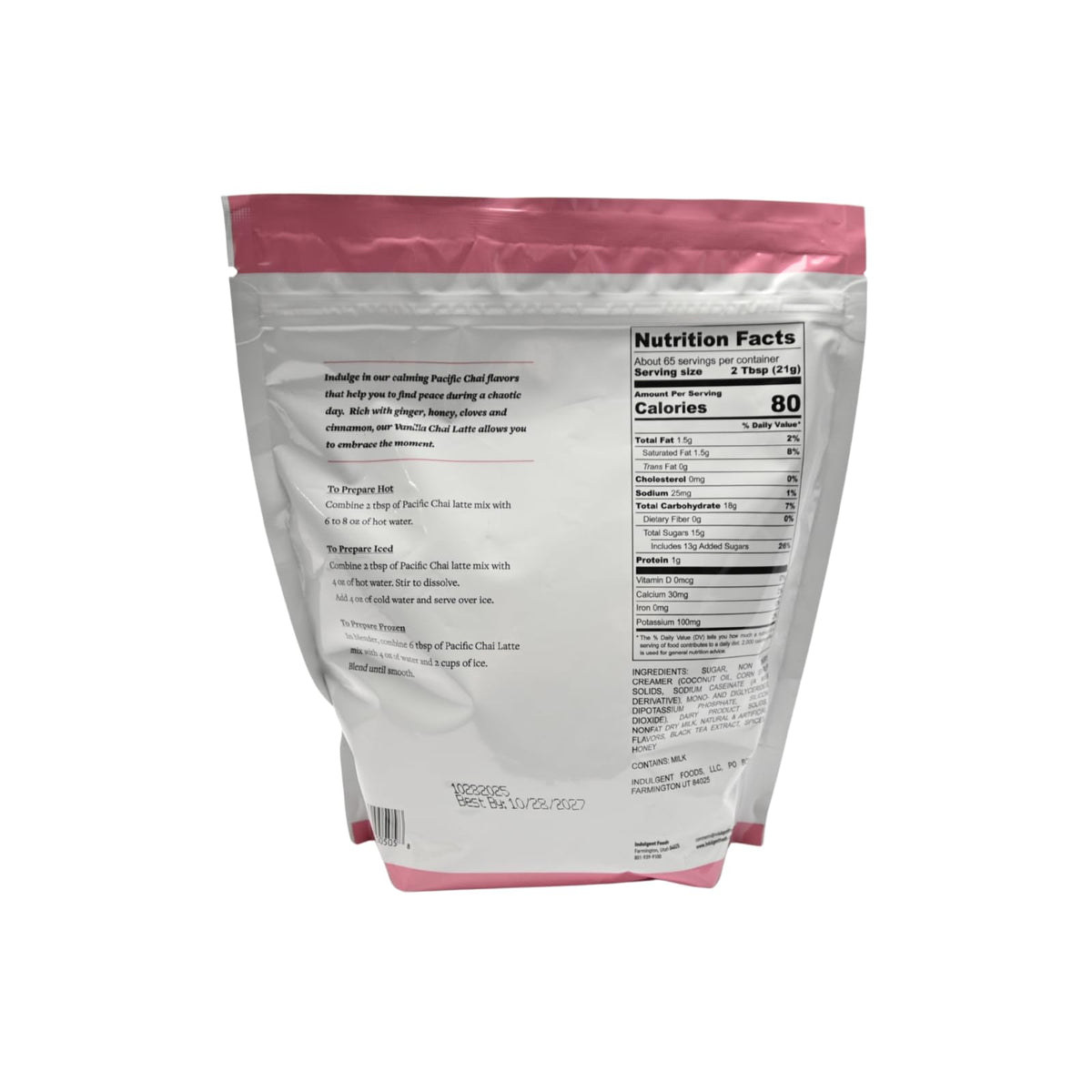 Pacific Chai Vanilla Chai Latte Mix with vanilla and spice perspective, ideal for comforting hot lattes.