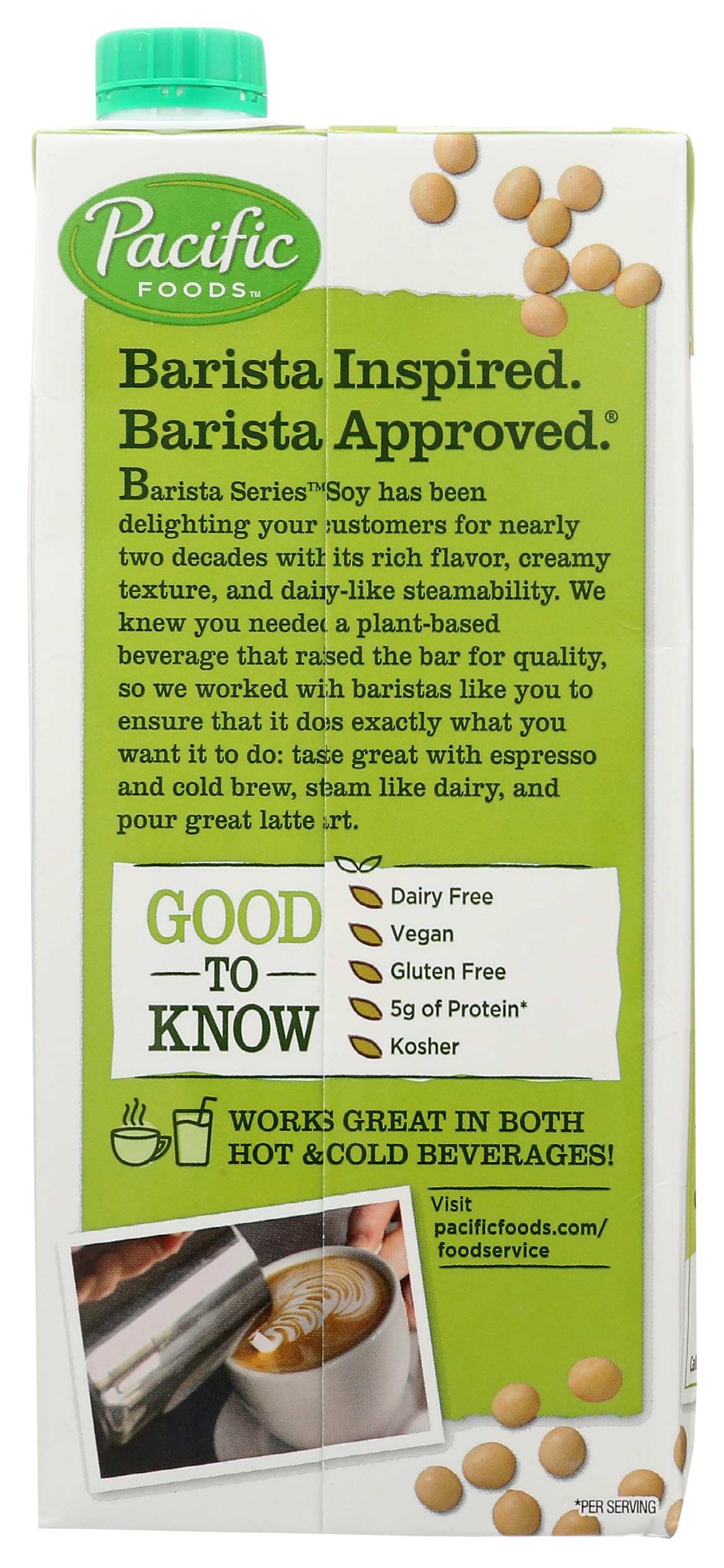 Pacific Foods Barista Series Original Soy Beverage produces silky latte art with dairy-free foam.