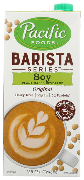 Pacific Foods Barista Series Original Soy Beverage packaging showcases dairy-free cafe versatility.