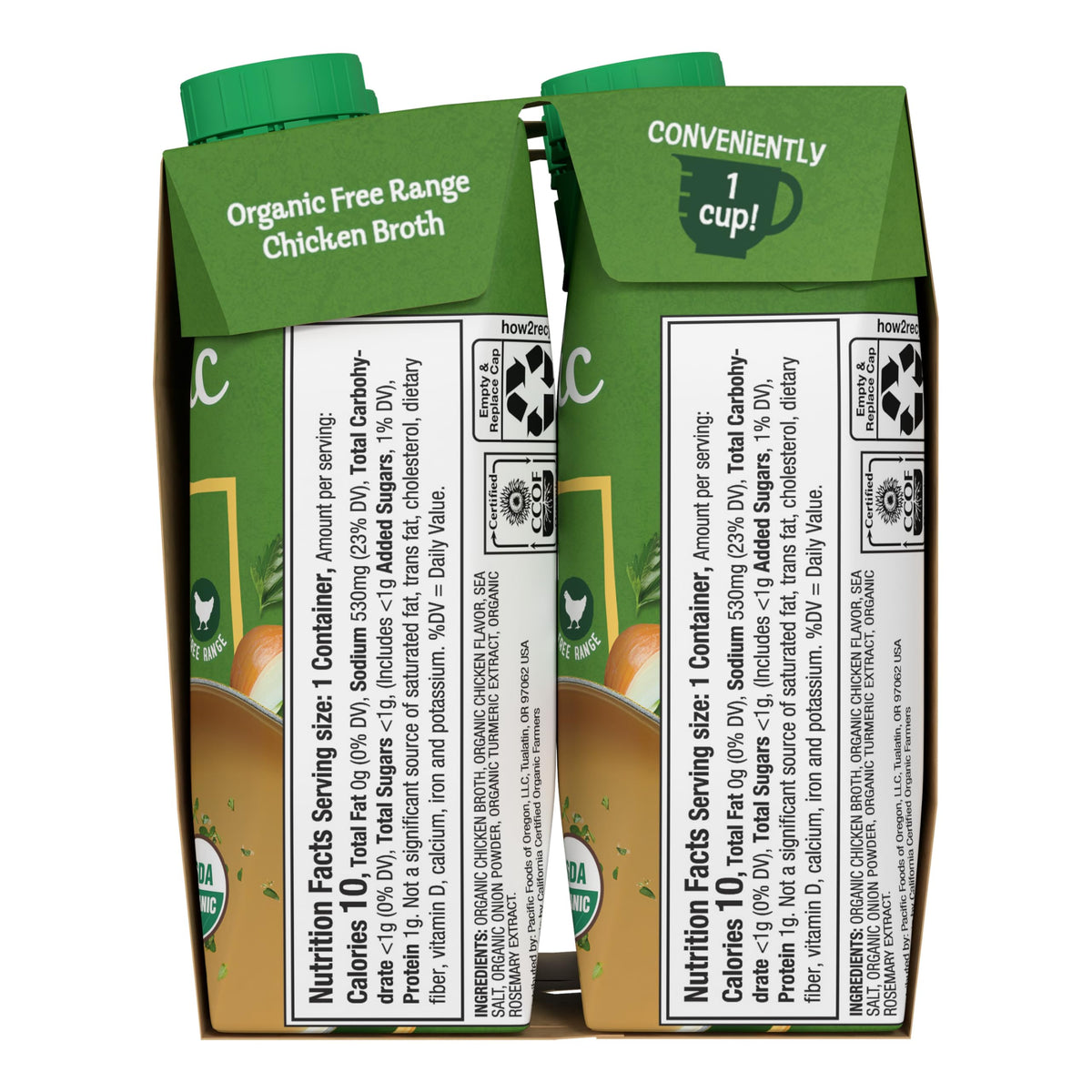 Pacific Foods broth carton 24-pack, recyclable packaging.