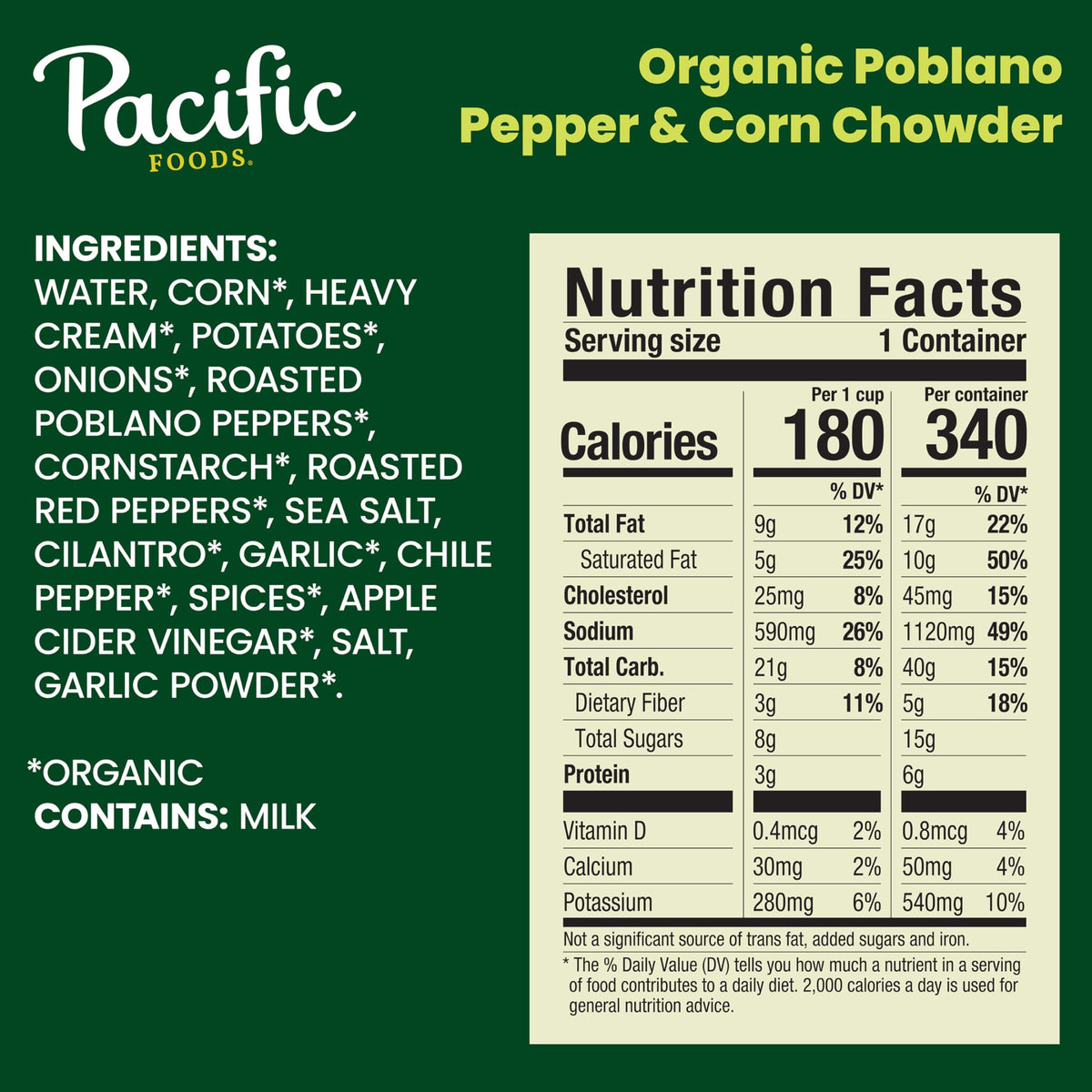 Pacific Foods fire-roasted poblano peppers and corn create a smoky chowder flavor.