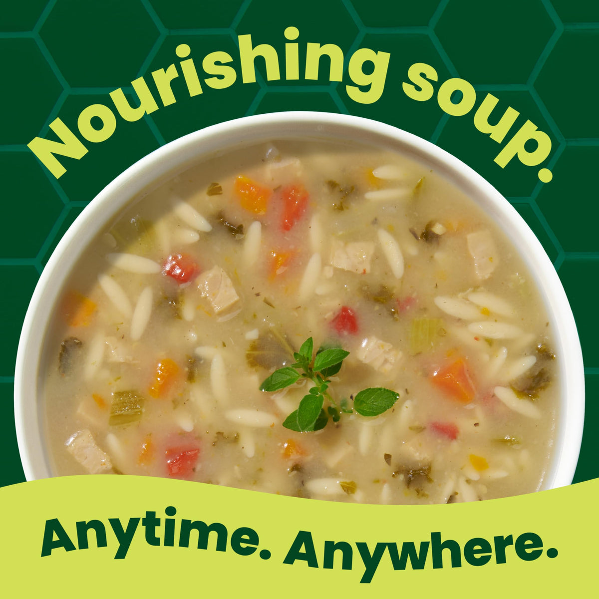 Pacific Foods Greek-Style Chicken Orzo Soup served in a bowl; comforting dinner.