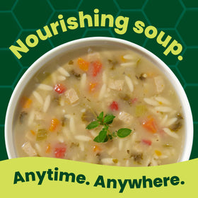 Pacific Foods Greek-Style Chicken Orzo Soup served in a bowl; comforting dinner.