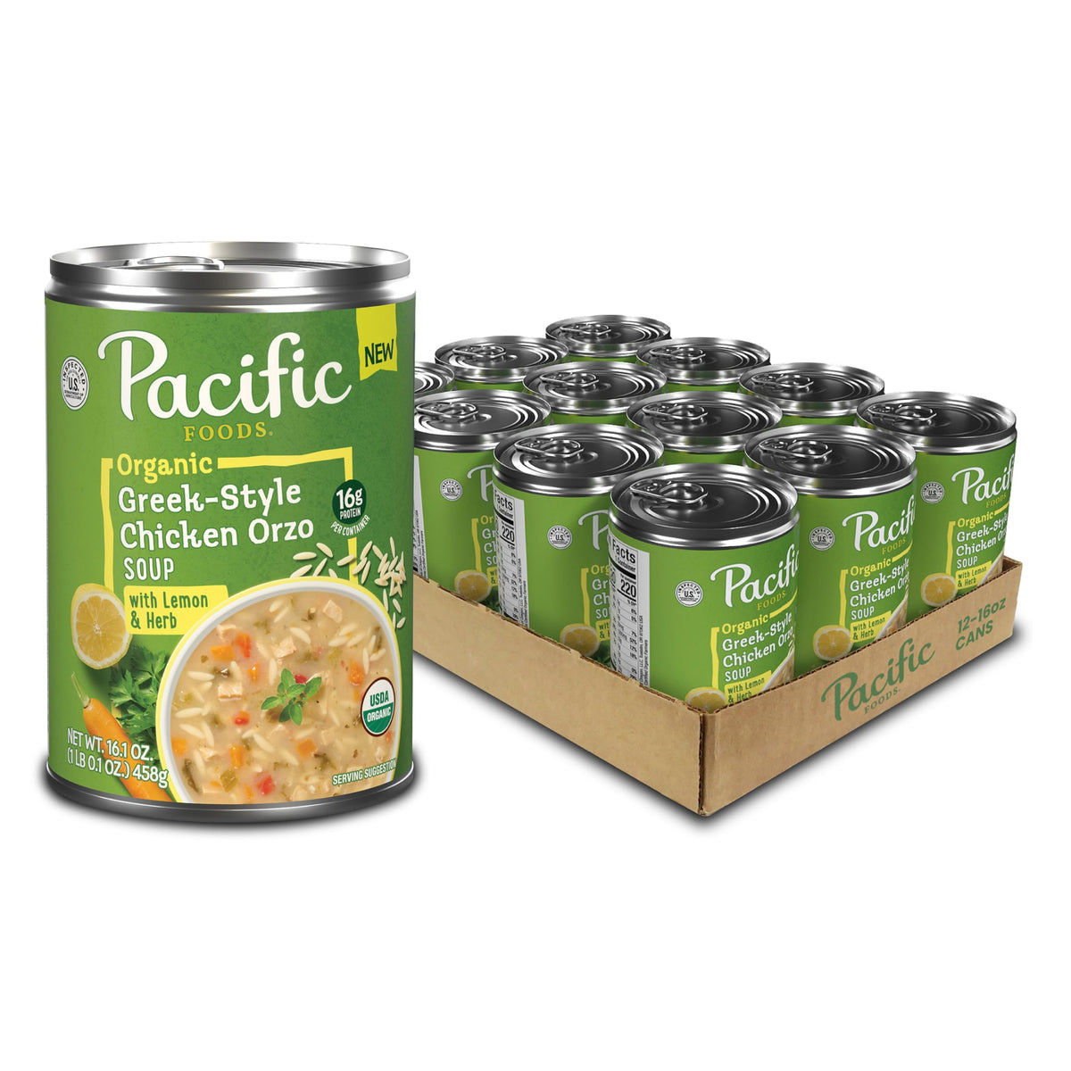 Pacific Foods Greek-Style Chicken Orzo Soup can label; ready-to-heat, comforting meal.