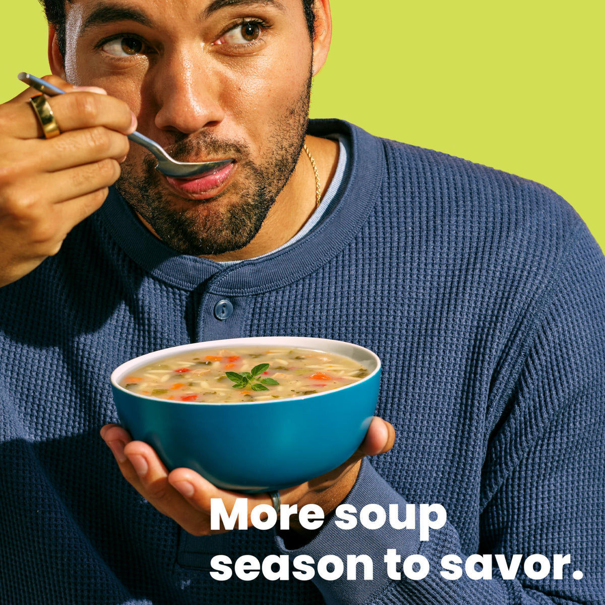 Pacific Foods Greek-Style Chicken Orzo Soup can in microwave-ready setup.