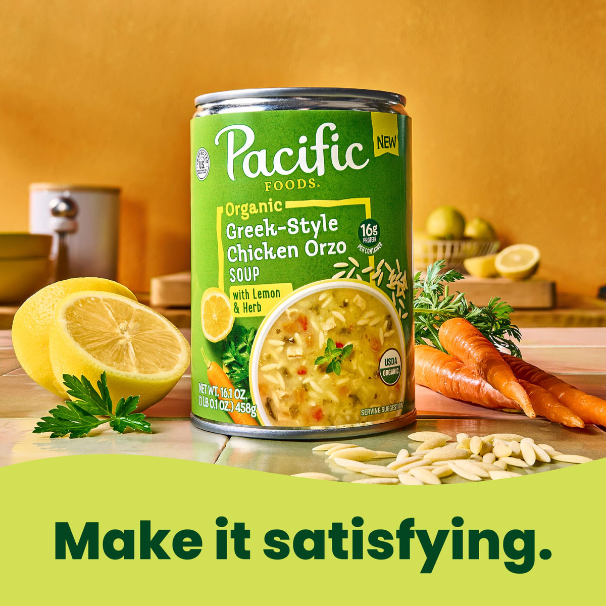 Pacific Foods orzo and herbs detail; protein-rich lunch idea.