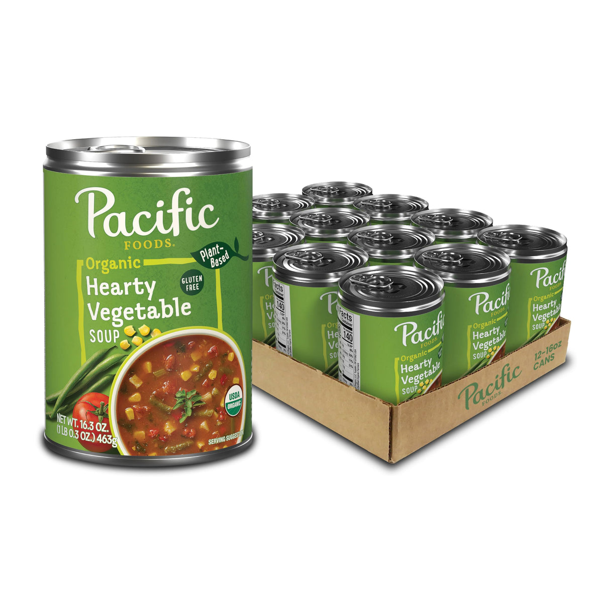 Pacific Foods hearty vegetable soup can front label for a quick vegan meal.