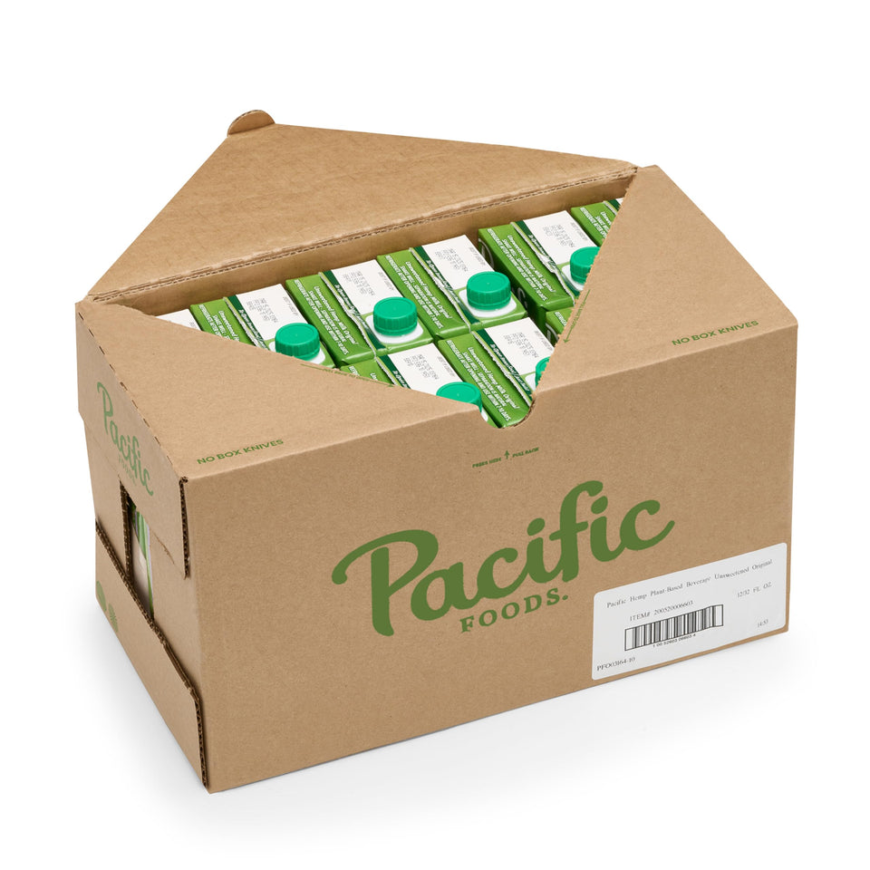 Pacific Foods hemp milk pack 12 showing dairy-free versatility for smoothies and baking.
