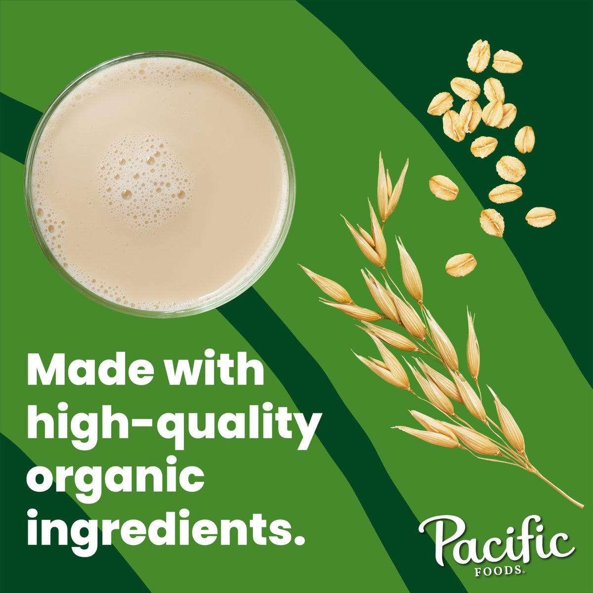 Pacific Foods Original Organic Oat Milk being poured into a glass – smooth texture.