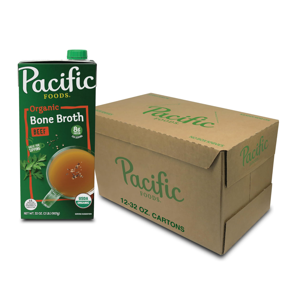Pacific Foods Organic Beef Bone Broth bottle pouring for a comforting sip