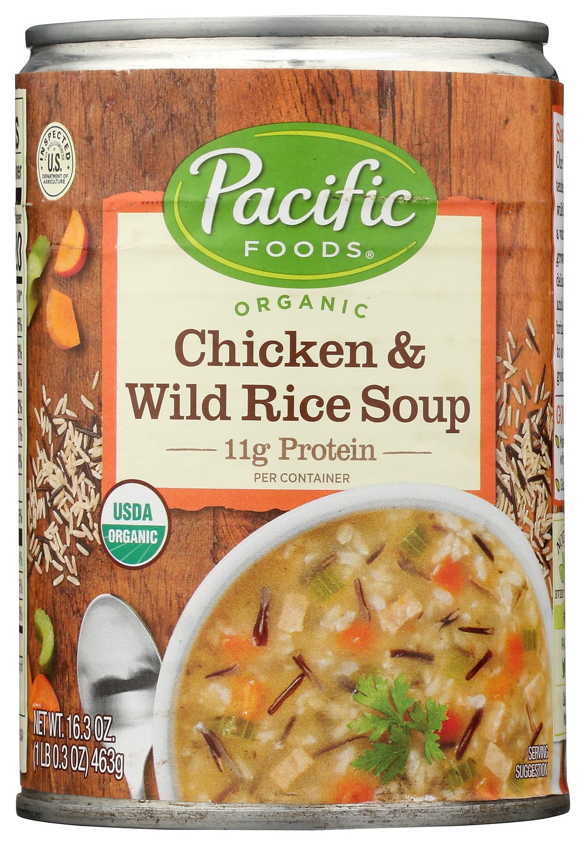 Pacific Foods Organic Chicken and Wild Rice Soup can, 16.3 oz, pack of 12, protein-rich comfort.