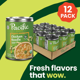 Pacific Foods organic chicken chunks in broth shown in a warm bowl.