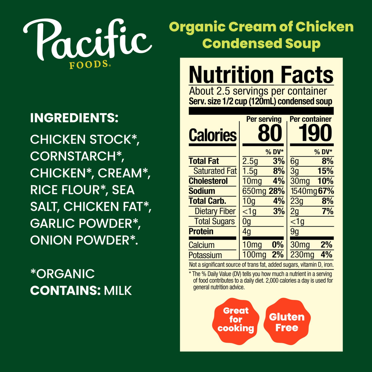 Pacific Foods Organic Cream of Chicken Soup can front emphasizes organic, gluten-free quality