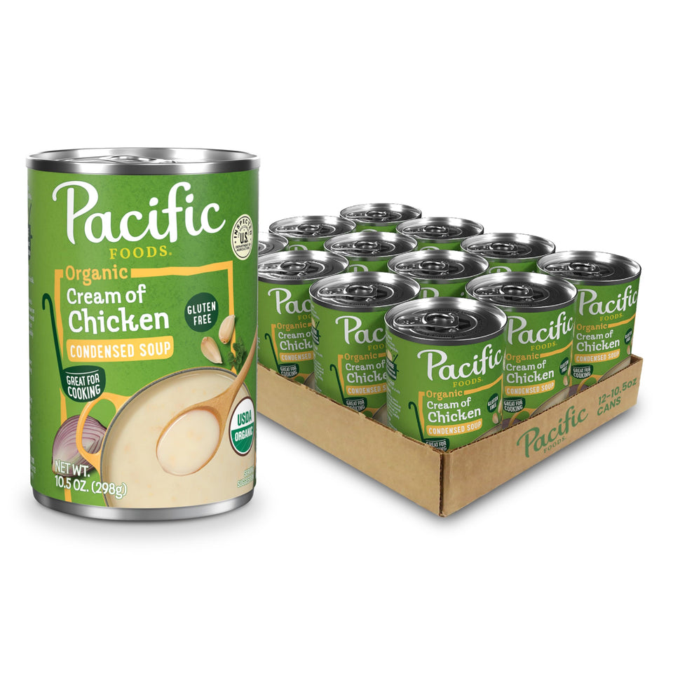 Pacific Foods Organic Cream of Chicken Soup label highlighting organic ingredients
