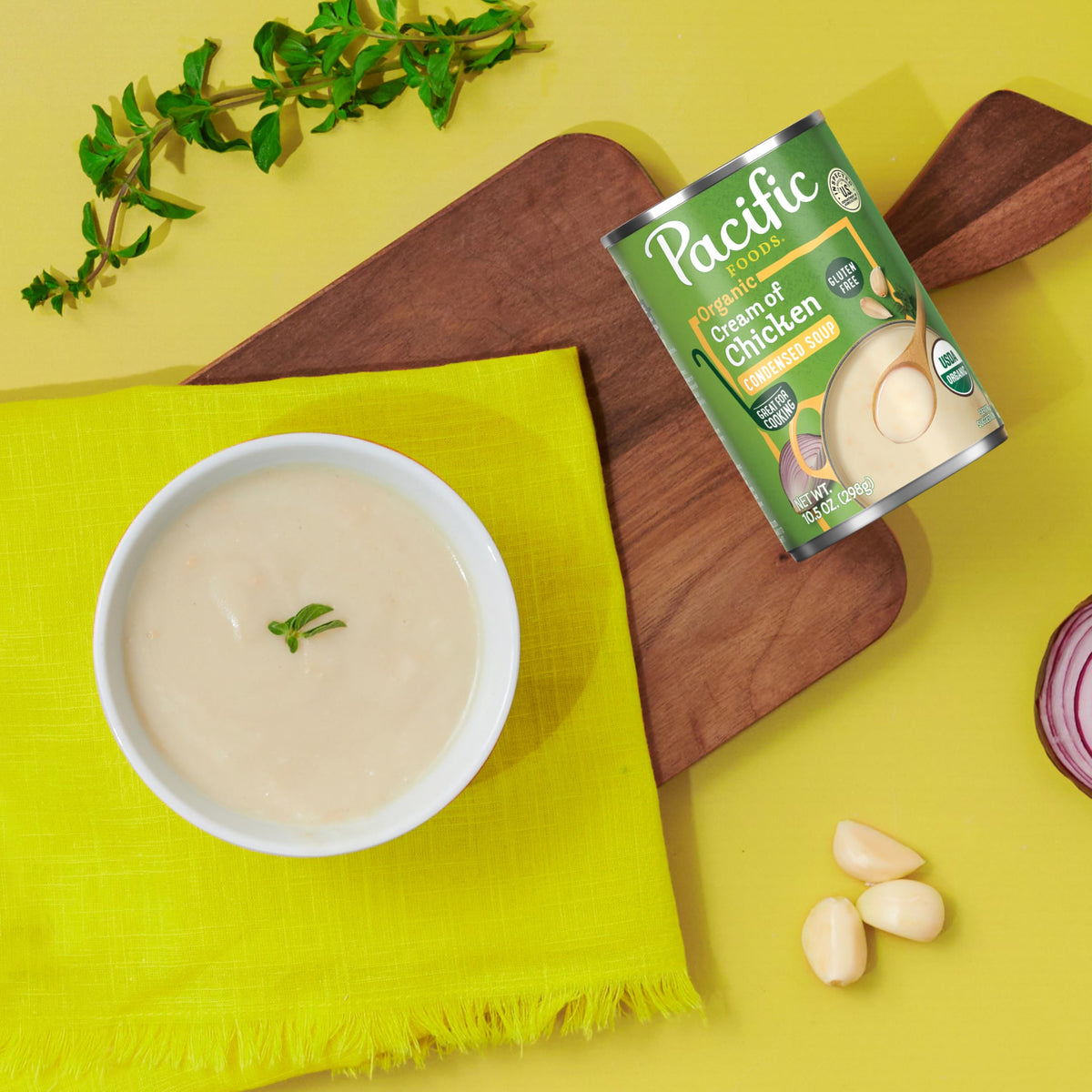 Pacific Foods Organic Cream of Chicken Soup in a steaming bowl, creamy comfort