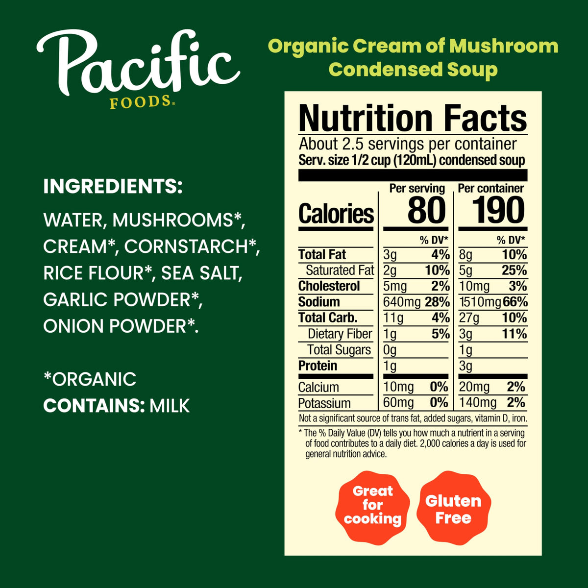 Pacific Foods Organic Cream of Mushroom Soup can back view, rich and versatile ingredient.