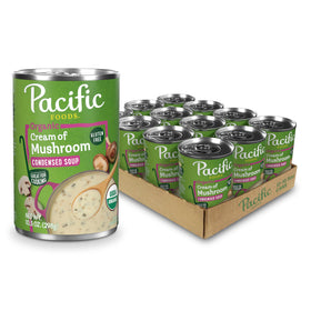 Pacific Foods Organic Cream of Mushroom Soup can front view, ideal quick base for meals.