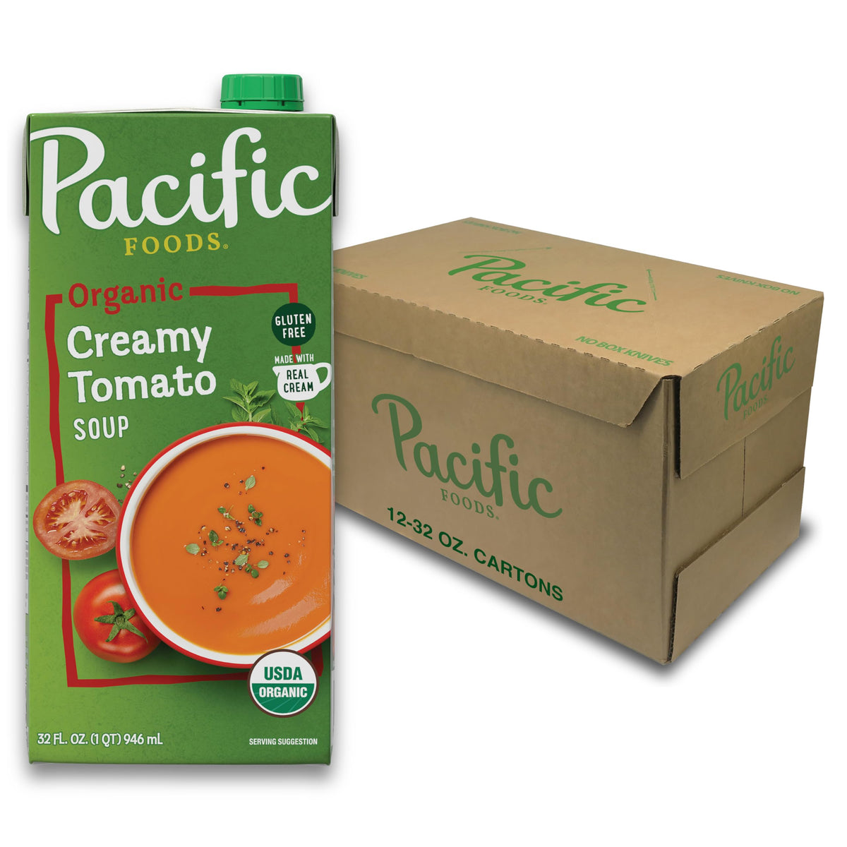 Pacific Foods Organic Creamy Tomato Soup carton 32oz front view for pantry-ready convenience.