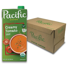 Pacific Foods Organic Creamy Tomato Soup carton 32oz front view for pantry-ready convenience.