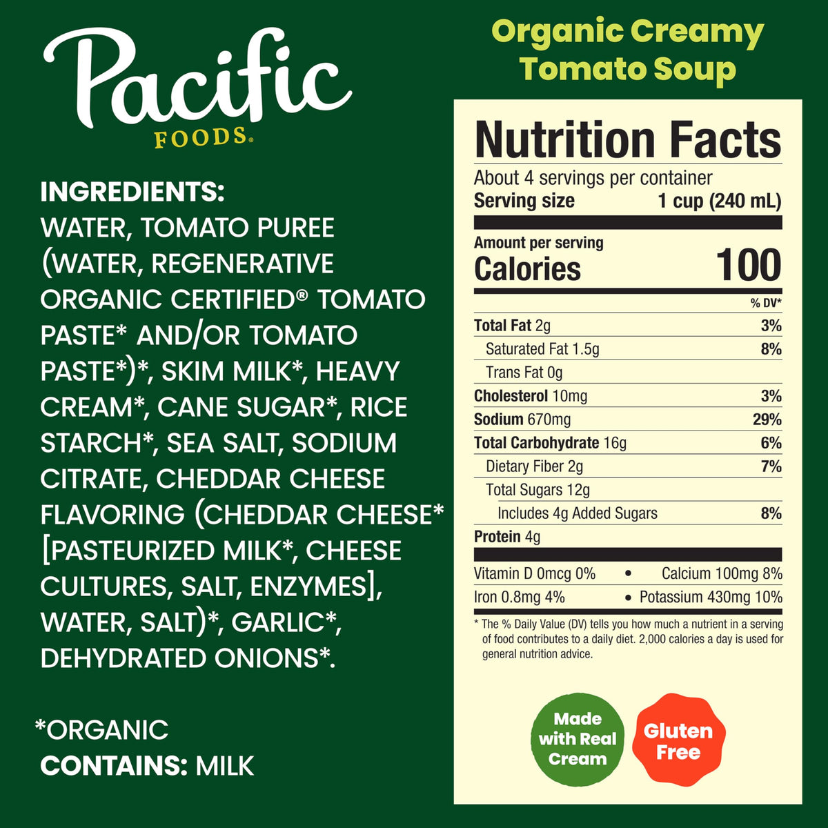 Pacific Foods Organic Creamy Tomato Soup being poured, ready to heat and enjoy.
