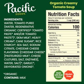Pacific Foods Organic Creamy Tomato Soup being poured, ready to heat and enjoy.