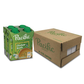 Pacific Foods Organic Free-Range Chicken Broth carton pour, versatile base for soups and gravies.