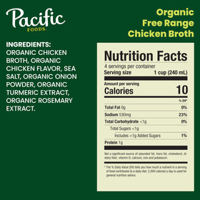 Pacific Foods Organic Free-Range Chicken Broth carton side view highlighting convenient packaging.