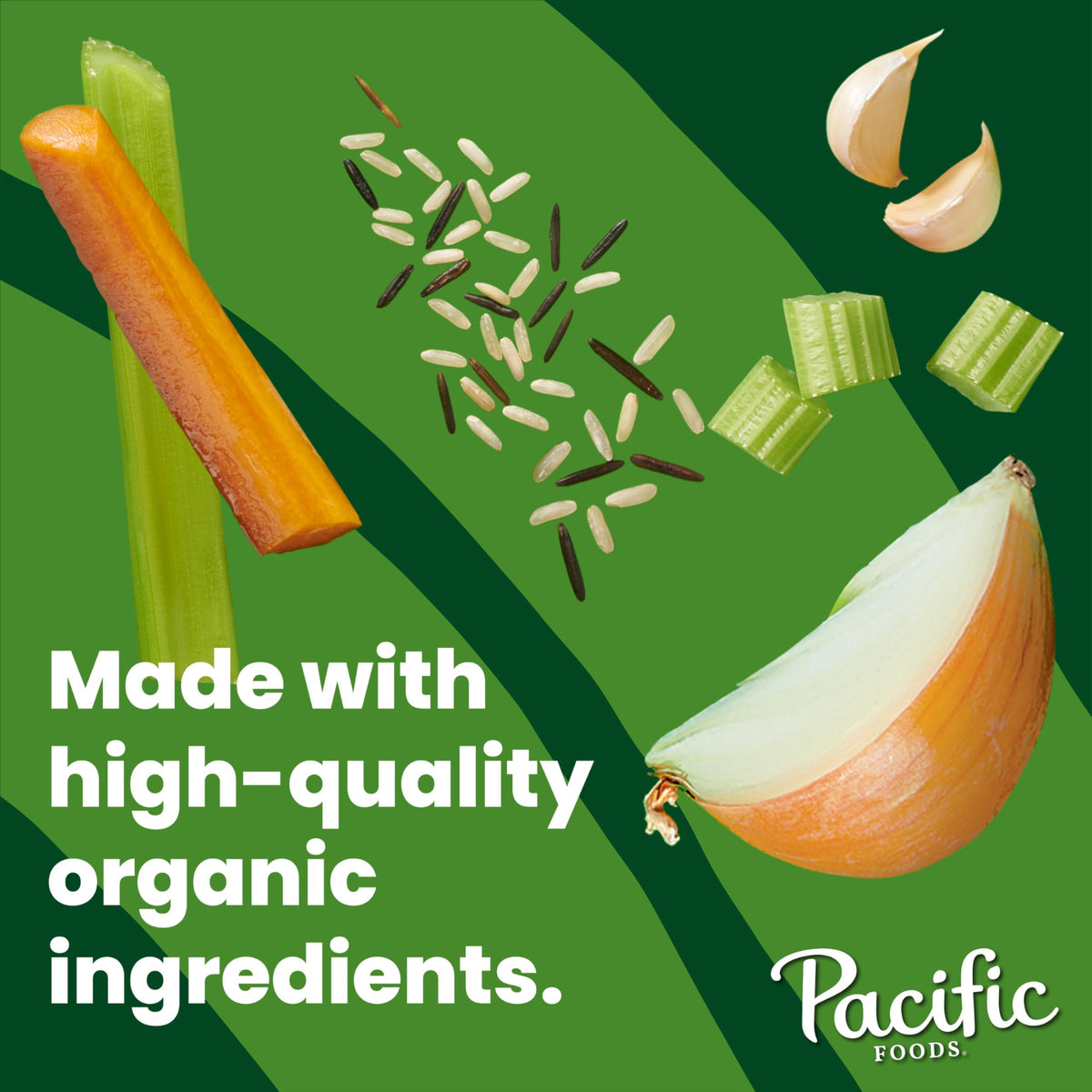 Pacific Foods organic soup ingredients label highlights non-GMO, no MSG, and organic chicken.