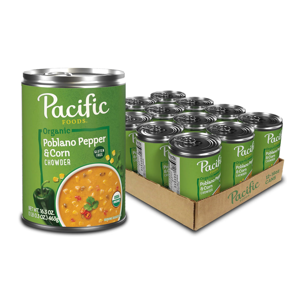 Pacific Foods organic poblano pepper and corn chowder can, convenient ready-to-heat packaging.