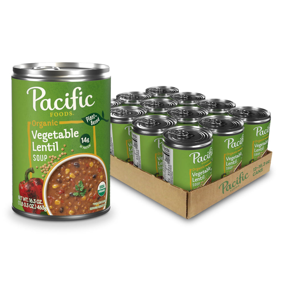 Pacific Foods Organic Vegetable Lentil Soup can front view, protein-rich plant-based convenience
