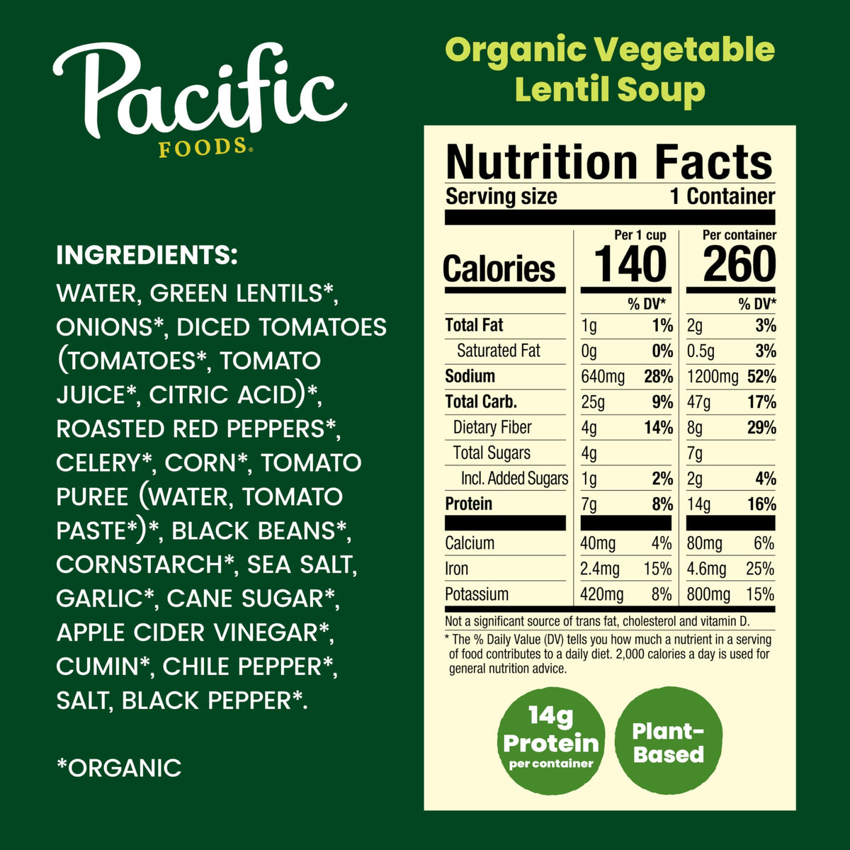 Pacific Foods Organic Vegetable Lentil Soup close-up of fire-roasted peppers, vibrant color and hearty flavor