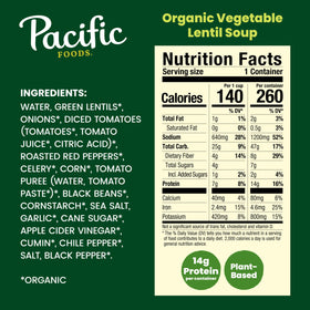 Pacific Foods Organic Vegetable Lentil Soup close-up of fire-roasted peppers, vibrant color and hearty flavor
