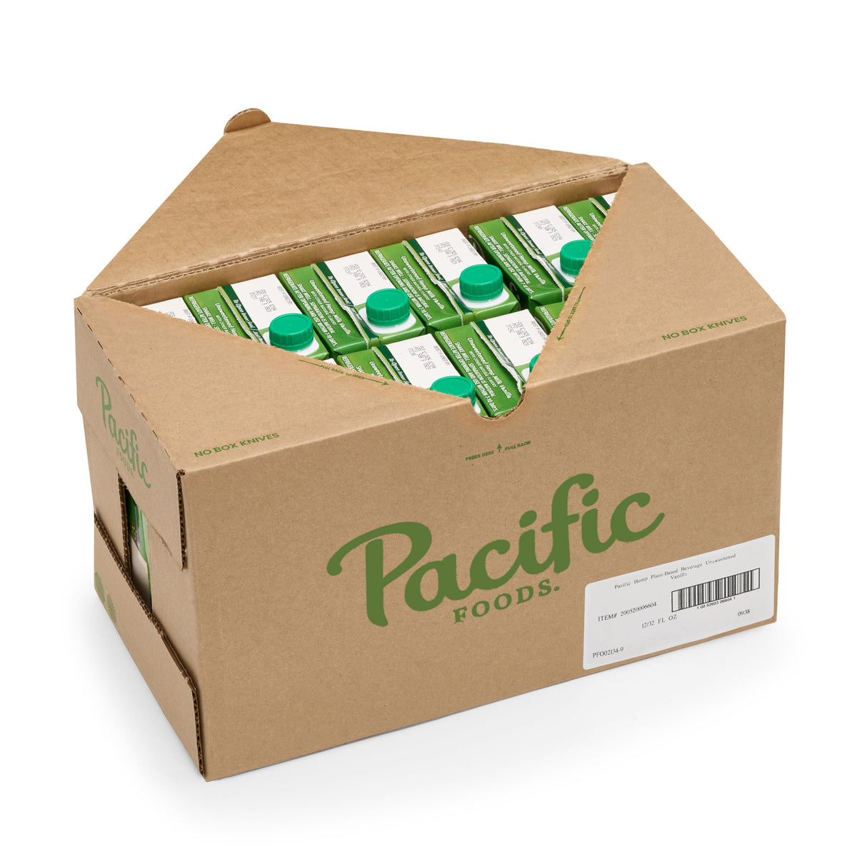 Pacific Foods unsweetened vanilla hemp milk carton on shelf, dairy-free option for everyday beverages.