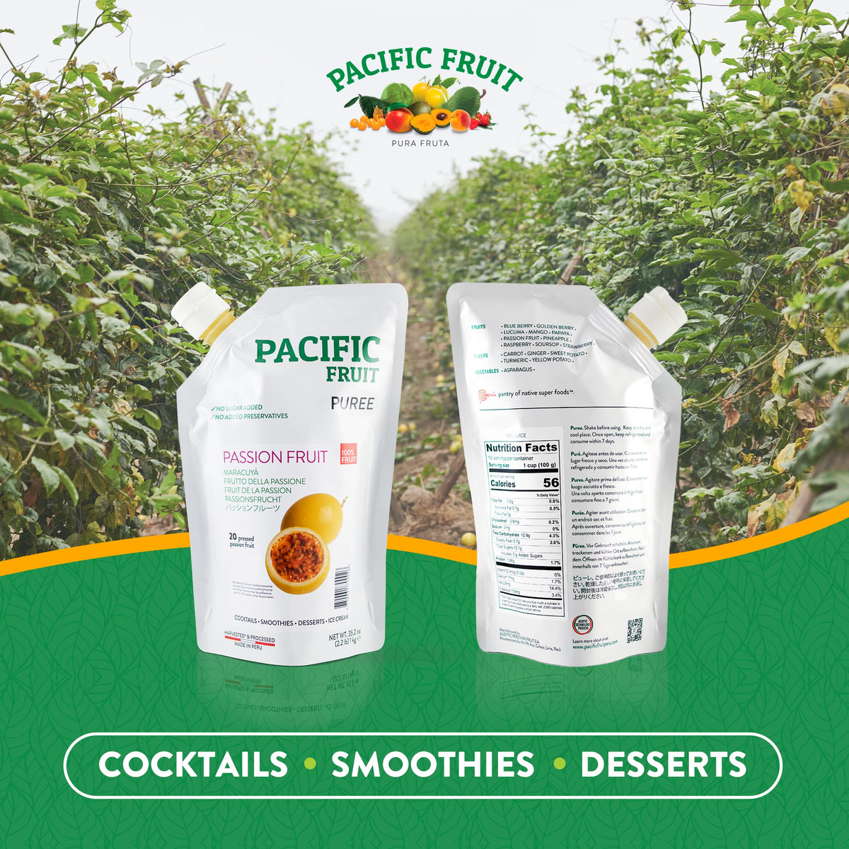 Pacific Fruit Pura Fruta ingredients shot with mango and passion fruit for flavor layering.