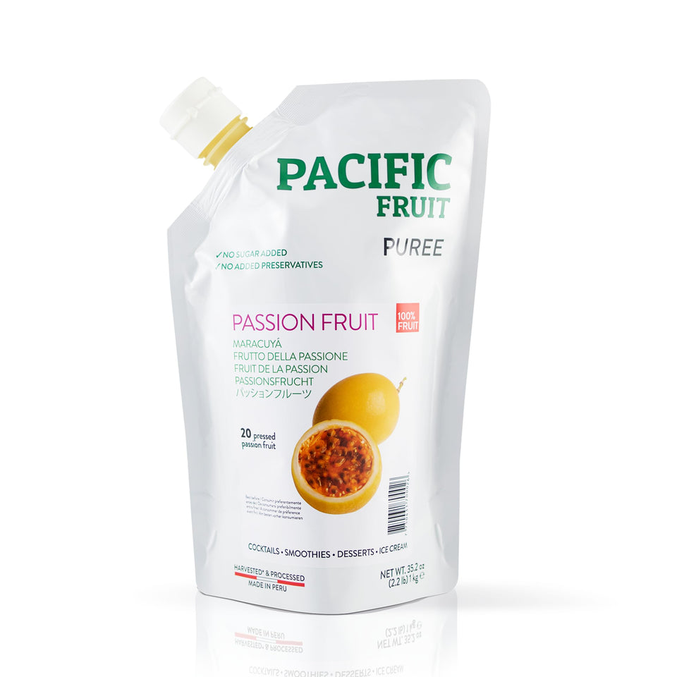 Pacific Fruit Pura Fruta passion fruit juice bottle, ideal for cocktails.