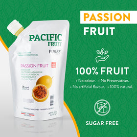 Pacific Fruit Pura Fruta passion fruit pulp close-up, seeds removed for smooth texture.