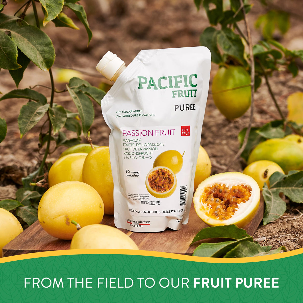 Pacific Fruit Pura Fruta on a kitchen shelf, convenient pantry staple for home bartenders.