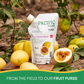 Pacific Fruit Pura Fruta on a kitchen shelf, convenient pantry staple for home bartenders.