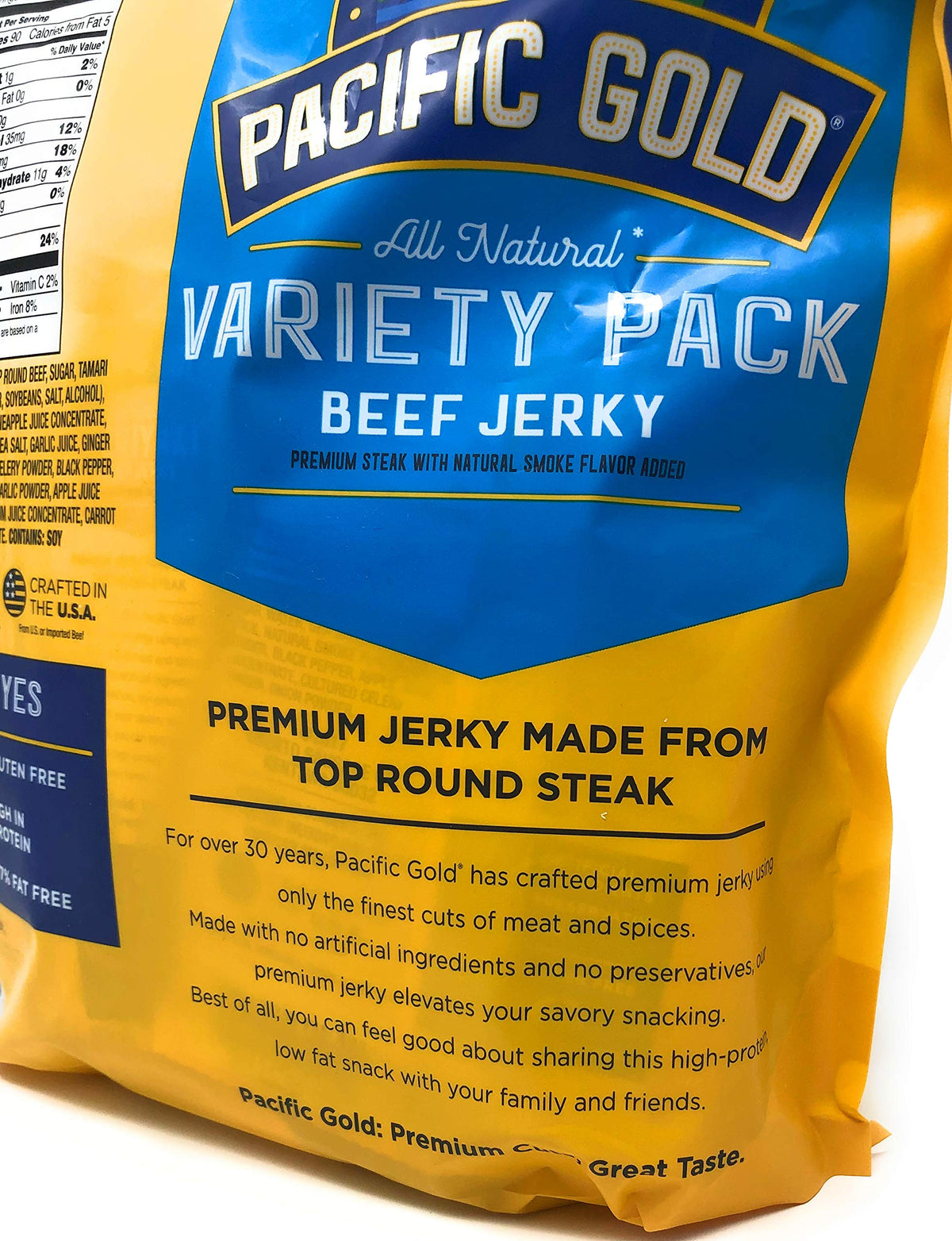 Pacific Gold jerky close-up texture reveals chewy, satisfying bite.