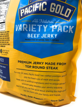 Pacific Gold jerky close-up texture reveals chewy, satisfying bite.