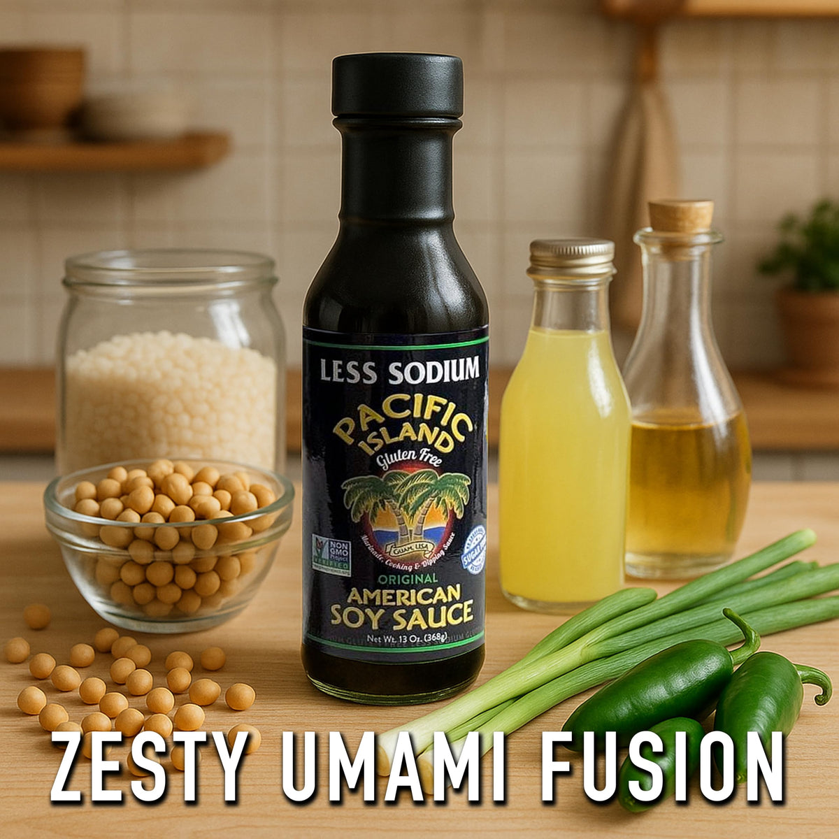 Pacific Island Naturally Fermented Soy Sauce ingredients in a glass bowl emphasize clean, natural recipe.