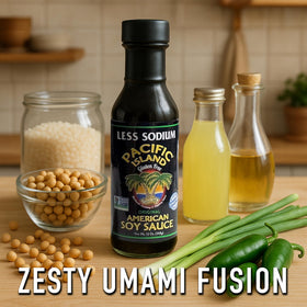 Pacific Island Naturally Fermented Soy Sauce ingredients in a glass bowl emphasize clean, natural recipe.