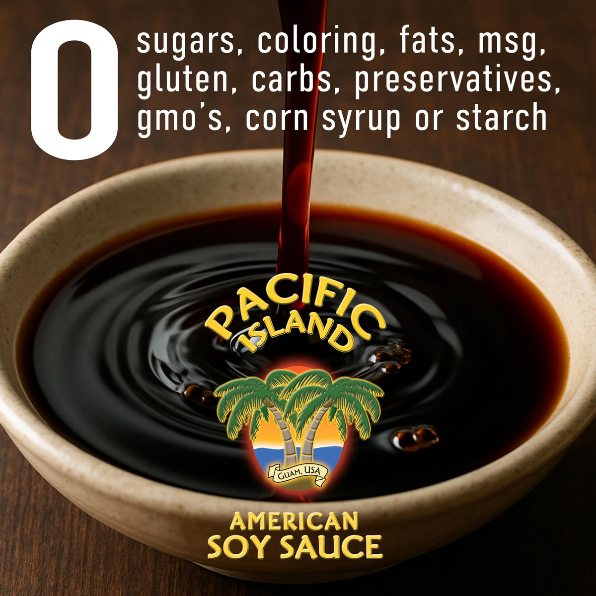 Pacific Island Naturally Fermented Soy Sauce being poured over a wok demonstrates versatile cooking glaze.