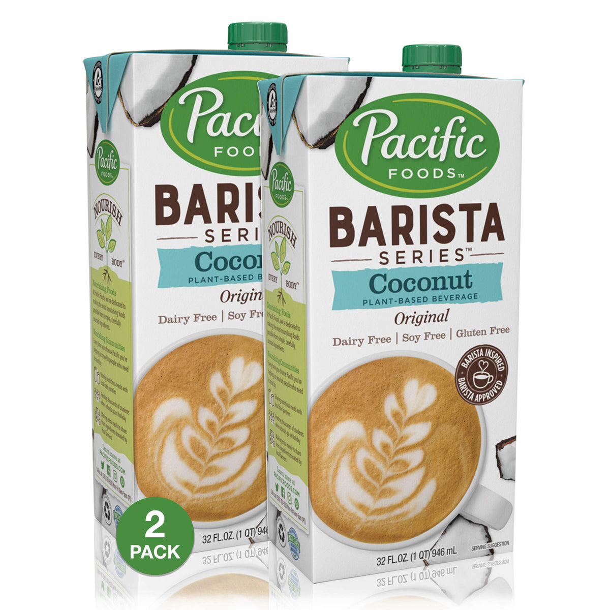 Pacific Natural Foods Barista Series Coconut Milk pack-shot highlighting two 32 oz bottles for home café use.