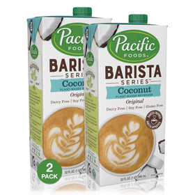 Pacific Natural Foods Barista Series Coconut Milk pack-shot highlighting two 32 oz bottles for home café use.